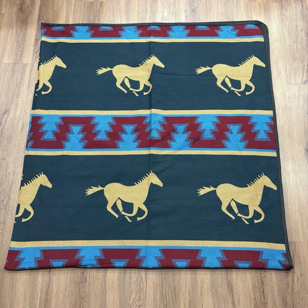 Wool Running Horses Native Style Blanket Teal Gold Reversible Casino Exclu 90x92